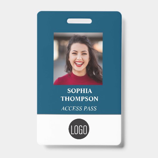 あなたのロゴ 従業員名 写真 バーコード 青 バッジ (正面)