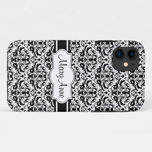 あなたの一流のエレガントな白黒ダマスク織を加えて下さい Case-Mate iPhoneケース (裏面(横))