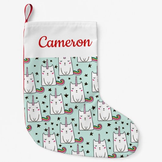 あなたの一流の|かわいい手描きのユニコーン猫を加えて下さい スモールクリスマスストッキング (正面)