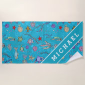 あなたの一流の|のターコイズの魚パターンを加えて下さい ビーチタオル (正面)