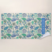 あなたの一流の|のティール(緑がかった色)の海洋動物パターンを加えて下さい ビーチタオル (正面)