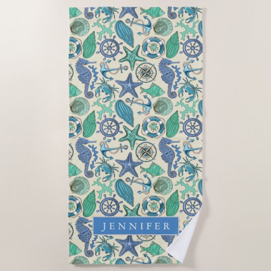 あなたの一流の|のティール(緑がかった色)の海洋動物パターンを加えて下さい ビーチタオル (正面)