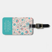 あなたの一流の|のティール（緑がかった色）及び珊瑚の民芸の花柄を加えて下さい ラゲッジタグ (正面横)