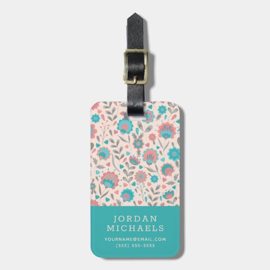 あなたの一流の|のティール（緑がかった色）及び珊瑚の民芸の花柄を加えて下さい ラゲッジタグ (正面縦)