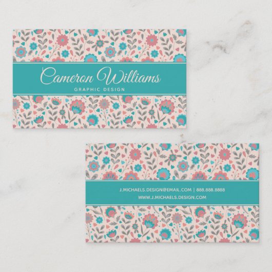 あなたの一流の|のティール(緑がかった色)及び珊瑚の民芸の花柄を加えて下さい 名刺 (正面/裏面)