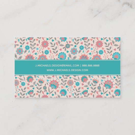 あなたの一流の|のティール(緑がかった色)及び珊瑚の民芸の花柄を加えて下さい 名刺 (裏面)