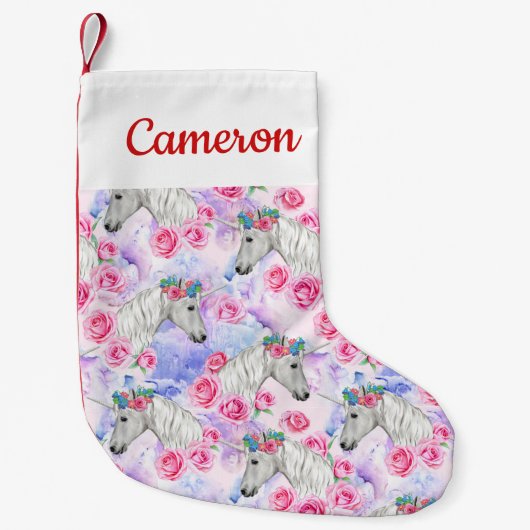 あなたの一流の|のユニコーン及びバラパターンを加えて下さい スモールクリスマスストッキング (正面)