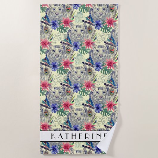 あなたの一流の|のヴィンテージのインドのスタイルのトラパターンを加えて下さい ビーチタオル (正面)