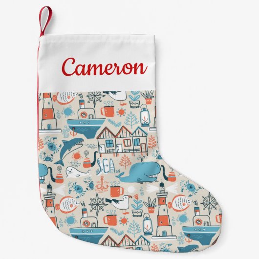 あなたの一流の|の北海のかわいい落書きパターンを加えて下さい スモールクリスマスストッキング (正面)