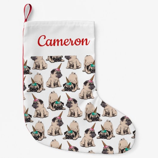 あなたの一流の|の子犬のパグ|の熱望のユニコーンを加えて下さい スモールクリスマスストッキング (正面)