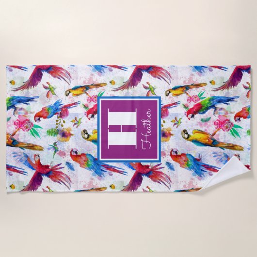 あなたの一流の|の水彩画のスタイルのオウムを加えて下さい ビーチタオル (正面)