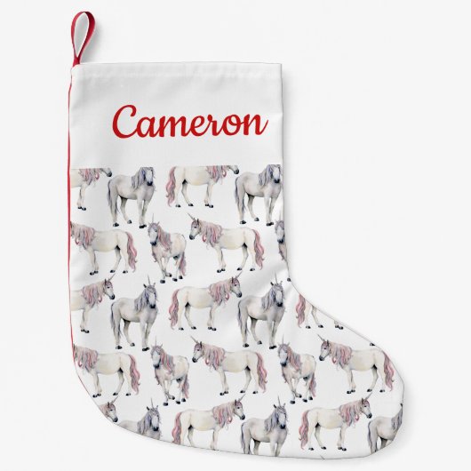 あなたの一流の|の水彩画のユニコーンのおとぎ話を加えて下さい スモールクリスマスストッキング (正面)