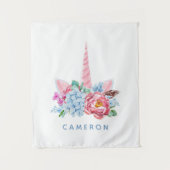 あなたの一流の|の水彩画のユニコーンの花柄の王冠を加えて下さい タペストリー (正面)