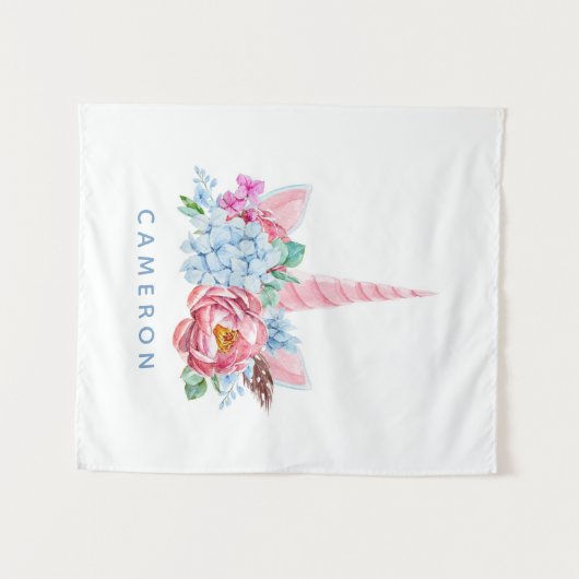 あなたの一流の|の水彩画のユニコーンの花柄の王冠を加えて下さい タペストリー (正面(横))