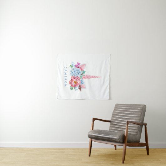 あなたの一流の|の水彩画のユニコーンの花柄の王冠を加えて下さい タペストリー (インサイチュ(横))