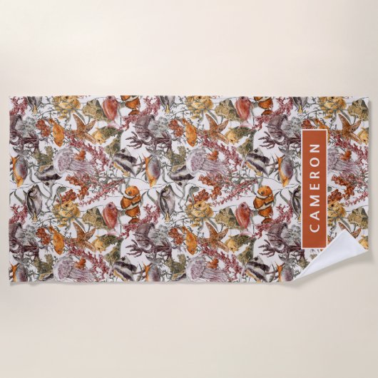 あなたの一流の|の水彩画の海洋生物パターンを加えて下さい ビーチタオル (正面)