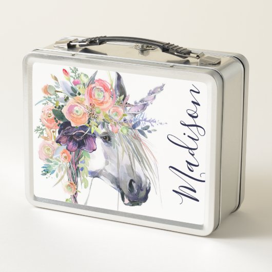 あなたの一流の|の花柄によって服を着せられるユニコーンを加えて下さい メタルランチボックス (裏面)