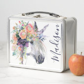 あなたの一流の|の花柄によって服を着せられるユニコーンを加えて下さい メタルランチボックス (インサイチュ)