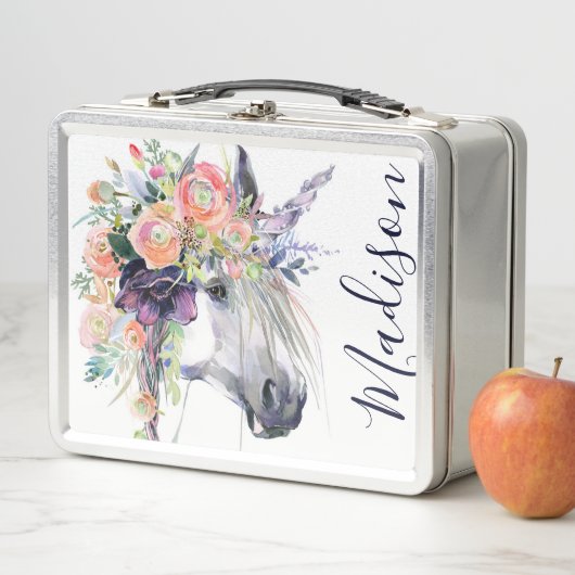 あなたの一流の|の花柄によって服を着せられるユニコーンを加えて下さい メタルランチボックス (インサイチュ)