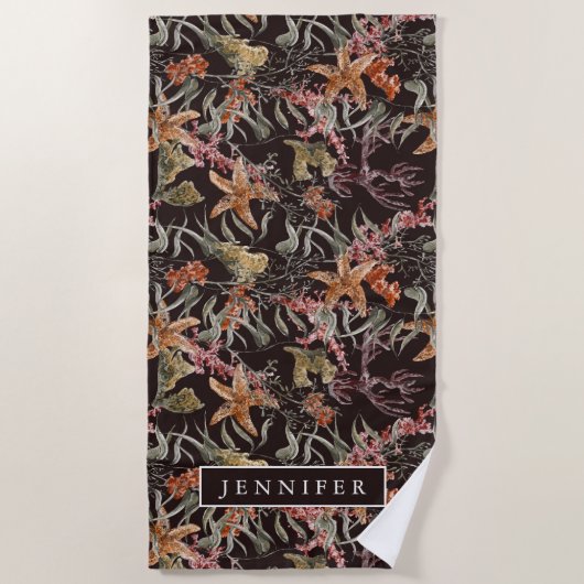 あなたの一流の|ぼろぼろの海洋生物パターンを加えて下さい ビーチタオル (正面)