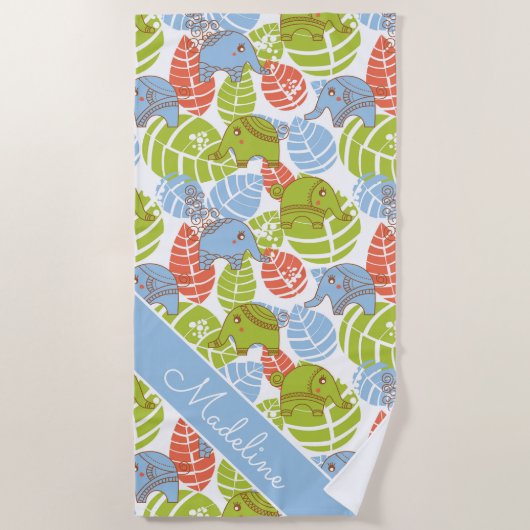 あなたの一流の|カラフルなジャングル象を加えて下さい ビーチタオル (正面)