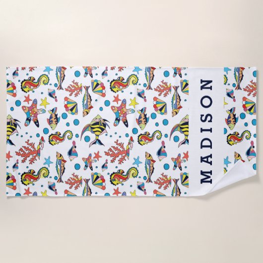 あなたの一流の|カラフルな水中海洋生物Patteを加えて下さい ビーチタオル (正面)