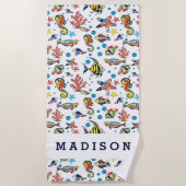 あなたの一流の|カラフルな水中海洋生物Patteを加えて下さい ビーチタオル (正面)