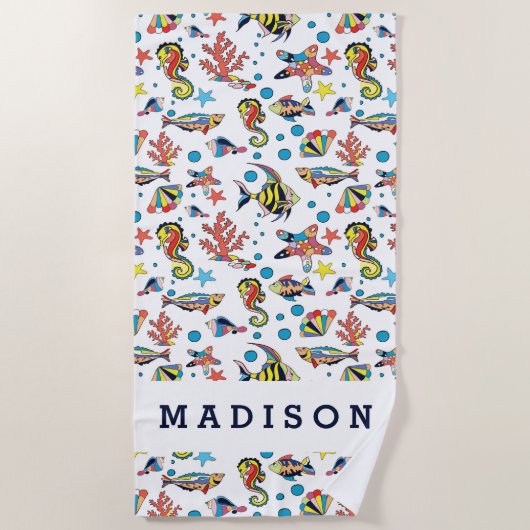 あなたの一流の|カラフルな水中海洋生物Patteを加えて下さい ビーチタオル (正面)