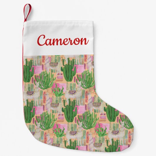 あなたの一流の|カラフルな水彩画のラマパターンを加えて下さい スモールクリスマスストッキング (正面)