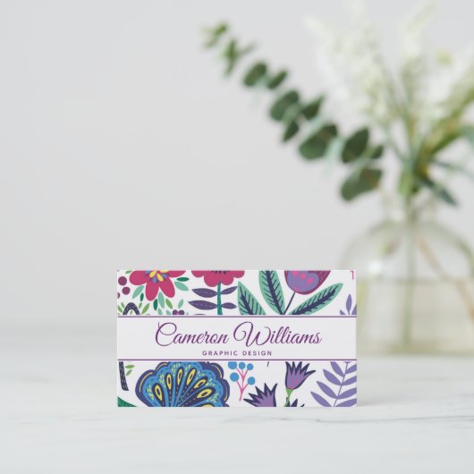 あなたの一流の|マゼンタの民芸の花柄パターンを加えて下さい 名刺 (スタンド正面)