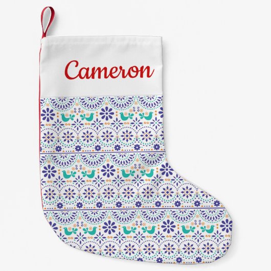 あなたの一流の|メキシコ鳥のタイルの民芸パターンを加えて下さい スモールクリスマスストッキング (正面)