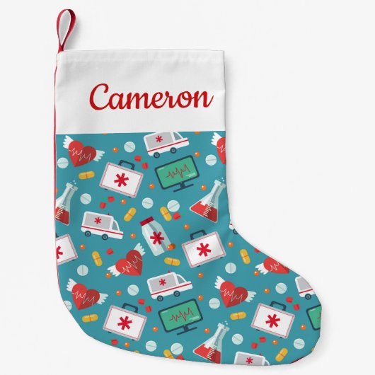 あなたの一流の|医学アイコンパターンを加えて下さい スモールクリスマスストッキング (正面)