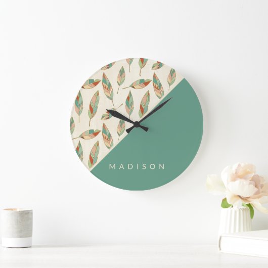 あなたの一流の|幾何学的な羽パターンを加えて下さい ラージ壁時計 (ホーム)