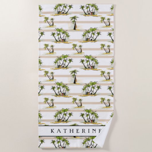 あなたの一流の|熱帯掘っ建て小屋およびやしを加えて下さい ビーチタオル (正面)