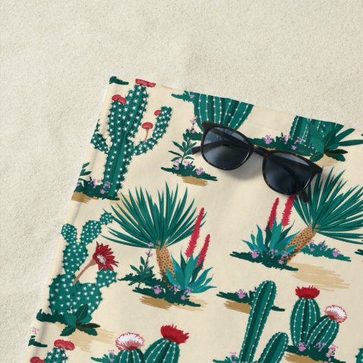 あなたの一流の|緑及び赤いサボテンパターンを加えて下さい ビーチタオル (インサイチュ)