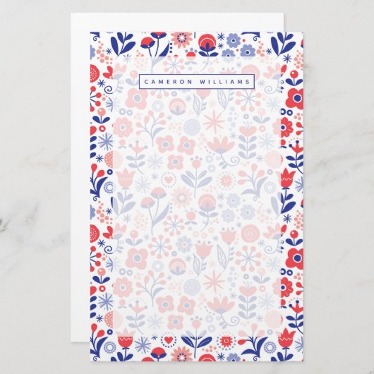 あなたの一流の|青い及び珊瑚の花パターンを加えて下さい 便箋 (正面/裏面)