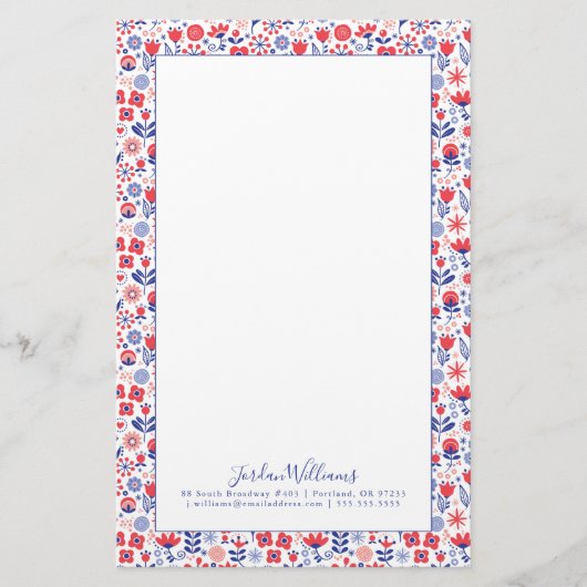 あなたの一流の|青い及び珊瑚の花パターンを加えて下さい 便箋 (正面)