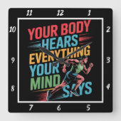あなたの体マインドがランナーを聞く スクエア壁時計 (正面)