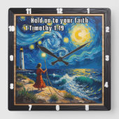 あなたの信仰にしがみつく1テモテ1:19 スクエア壁時計 (正面)