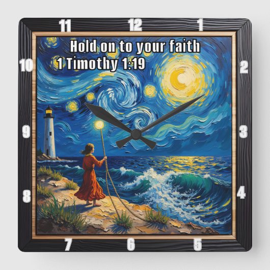 あなたの信仰にしがみつく1テモテ1:19 スクエア壁時計 (正面)