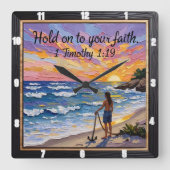 あなたの信仰にしがみつく1テモテ1:19 スクエア壁時計 (正面)