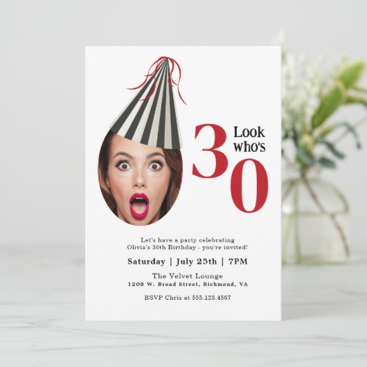 あなたの写真とパーティーハットおもしろい30th誕生日 招待状 (スタンド正面)