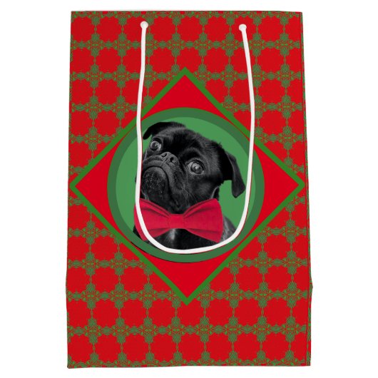 あなたの写真とボウタイでホリデーグリーンとレッド ミディアムペーパーバッグ (裏面)