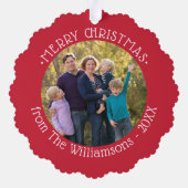 あなたの写真と名前レッド縁どクリスマス オーナメントカード (裏面)