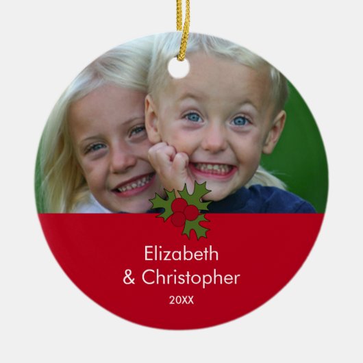 あなたの写真のヒイラギフレームのクリスマスのオーナメント セラミックオーナメント (正面)