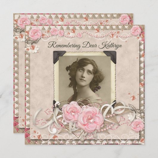 あなたの写真の告別式のバラのレースの天使の宝石 招待状 (正面/裏面)