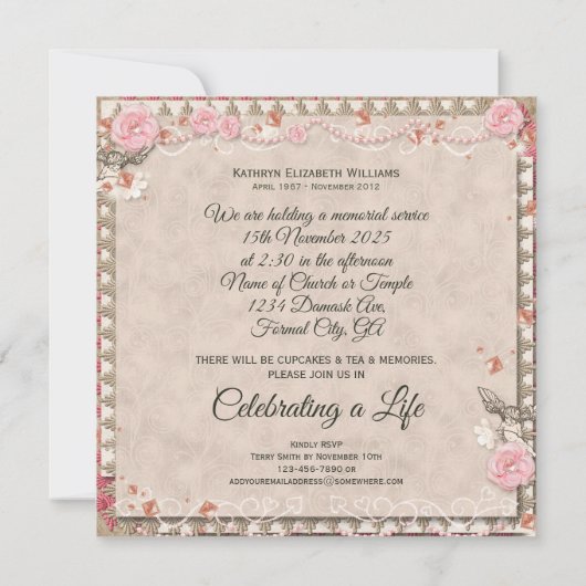 あなたの写真の告別式のバラのレースの天使の宝石 招待状 (裏面)