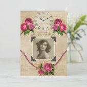 あなたの写真の告別式のバラの真珠の時計 招待状 (スタンド正面)
