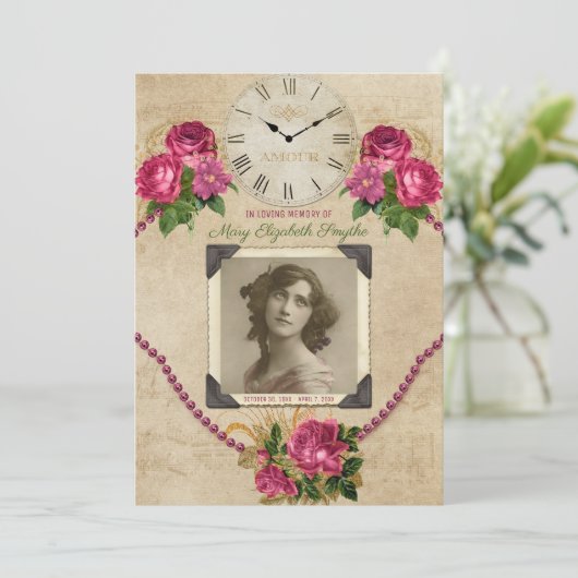 あなたの写真の告別式のバラの真珠の時計 招待状 (スタンド正面)