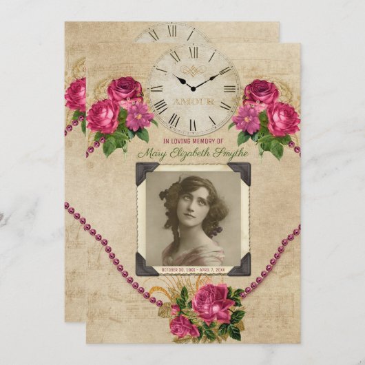 あなたの写真の告別式のバラの真珠の時計 招待状 (正面/裏面)